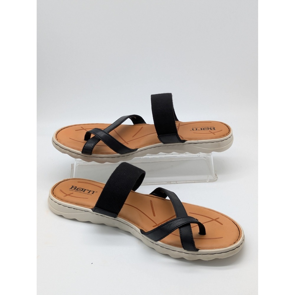 Born Womens 10 Black Leather Strappy Sandals Comfort Slip On Casual Shoes